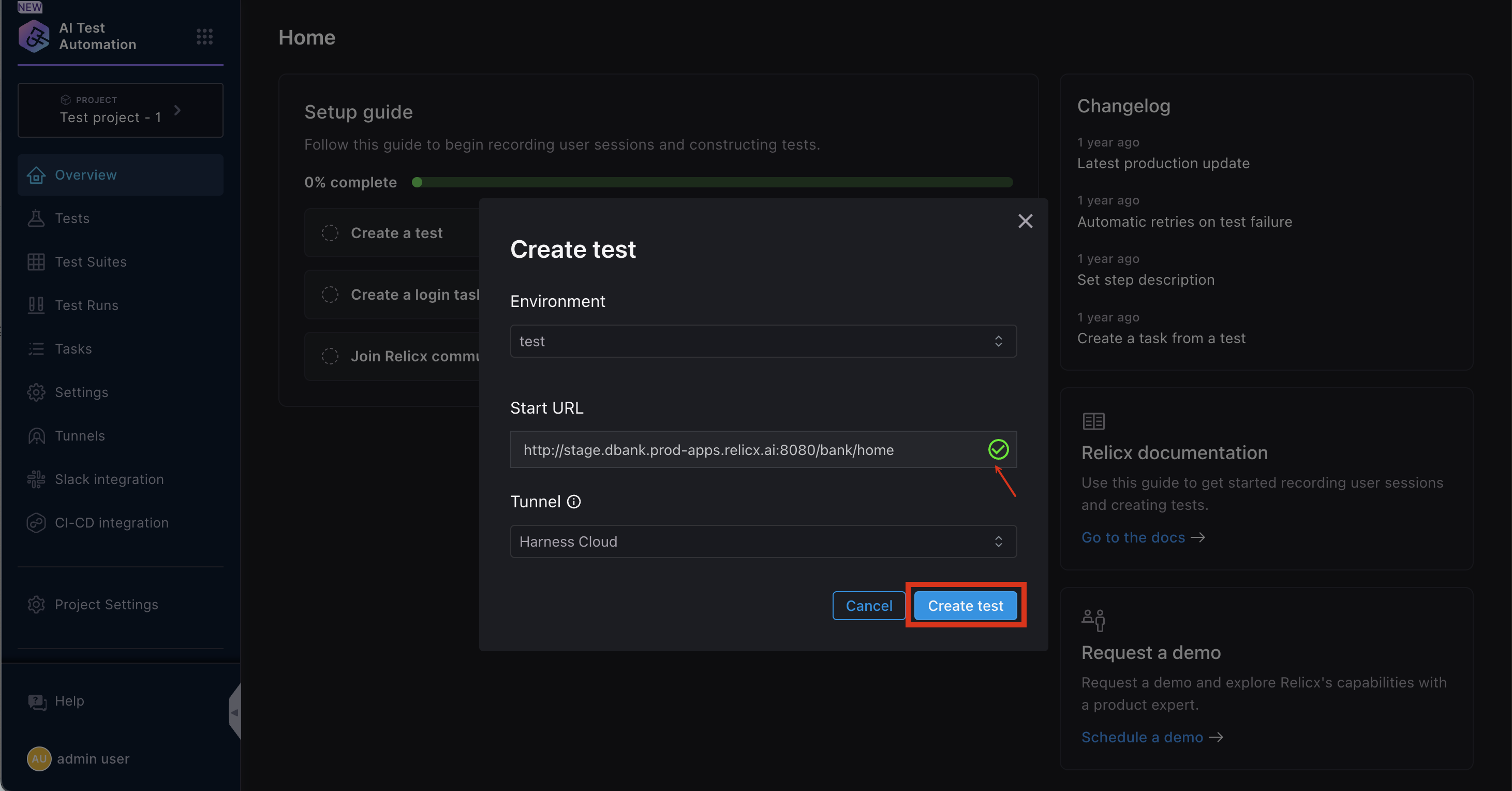 Create Test Modal